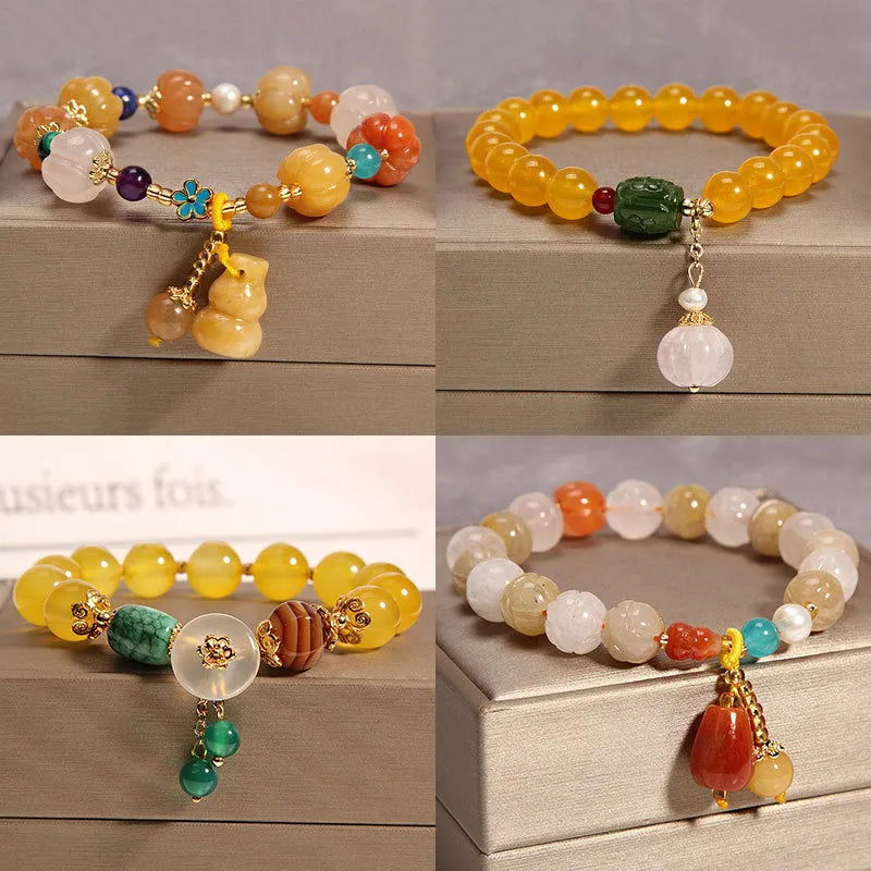 Yellow agate crystal beads on gold silk adjustable bracelet for women