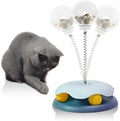 Blue cat treat dispenser toy with track ball showing slow feeder compartment
