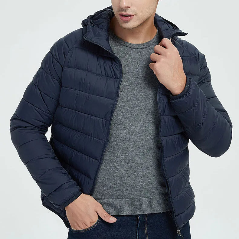 Men's lightweight hooded coat in solid colour, nylon fabric, zipper front, long sleeves, available in multiple colours and sizes
