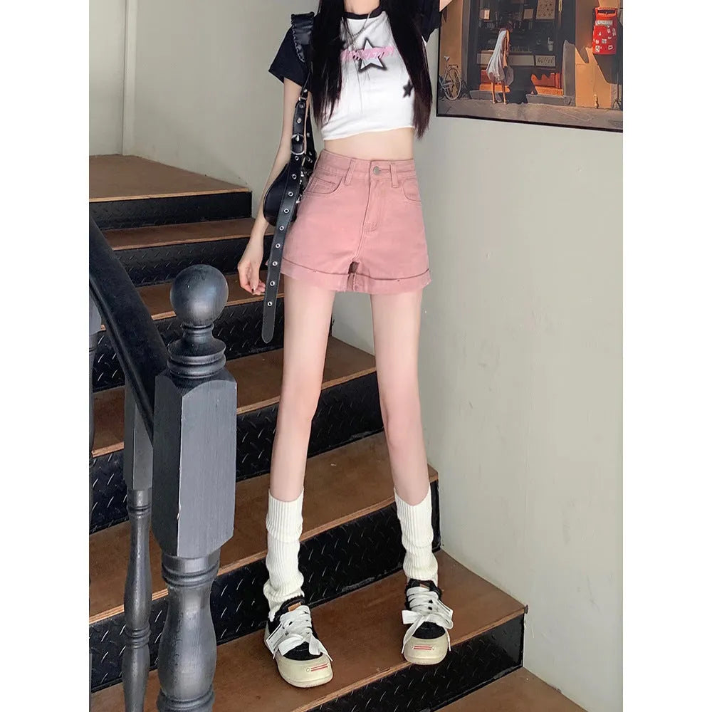 Hong Kong style denim shorts for women high waist loose fit cotton black color