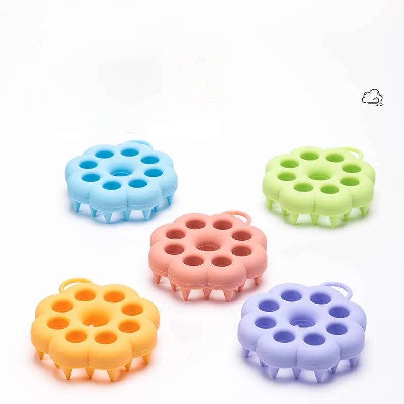 Silicone pet hair care brush for dry and wet use with massage bristles in blue, green, orange, pink, or purple