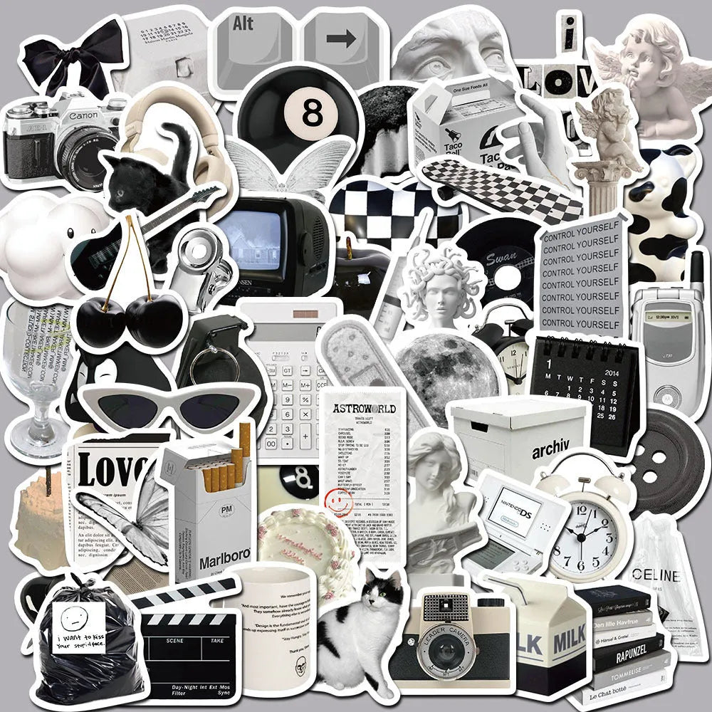 61 black and white PVC waterproof stickers for laptops, phones, luggage, and skateboards.