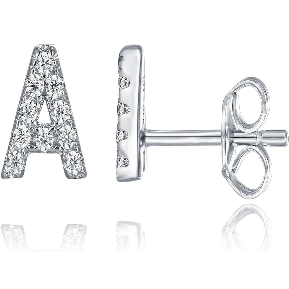 Brass gold plated alphabet letter earrings showing single letter from A-Z range with zircon detailing