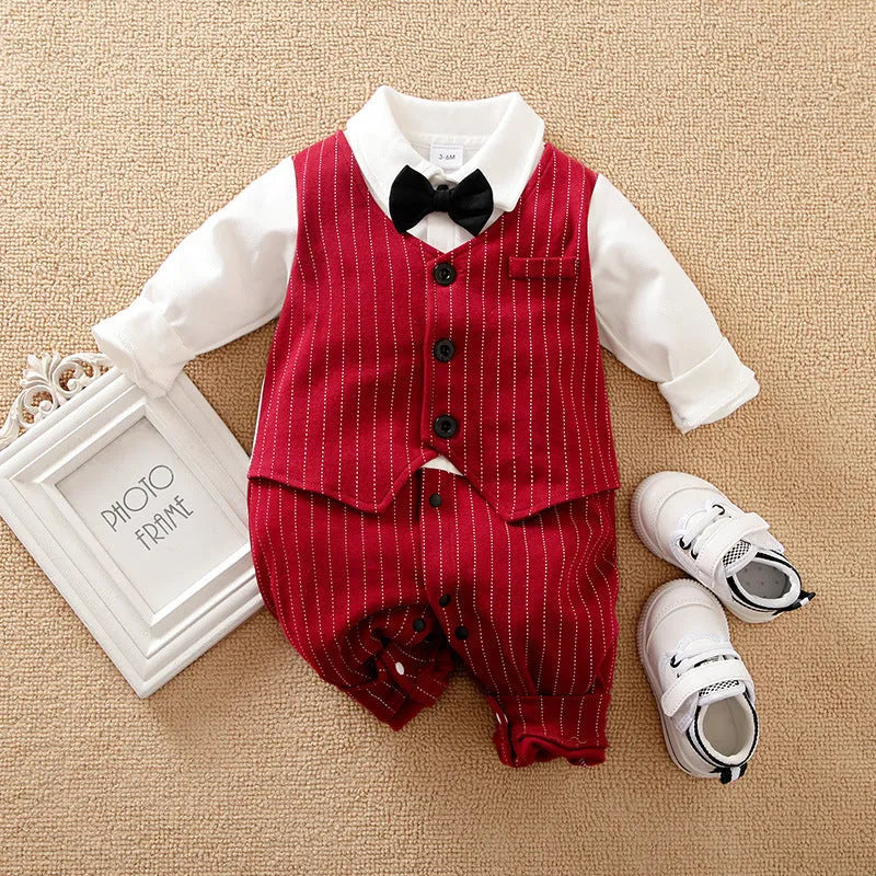 Wine red long sleeve cotton romper for a baby boy with a single-breasted closure.