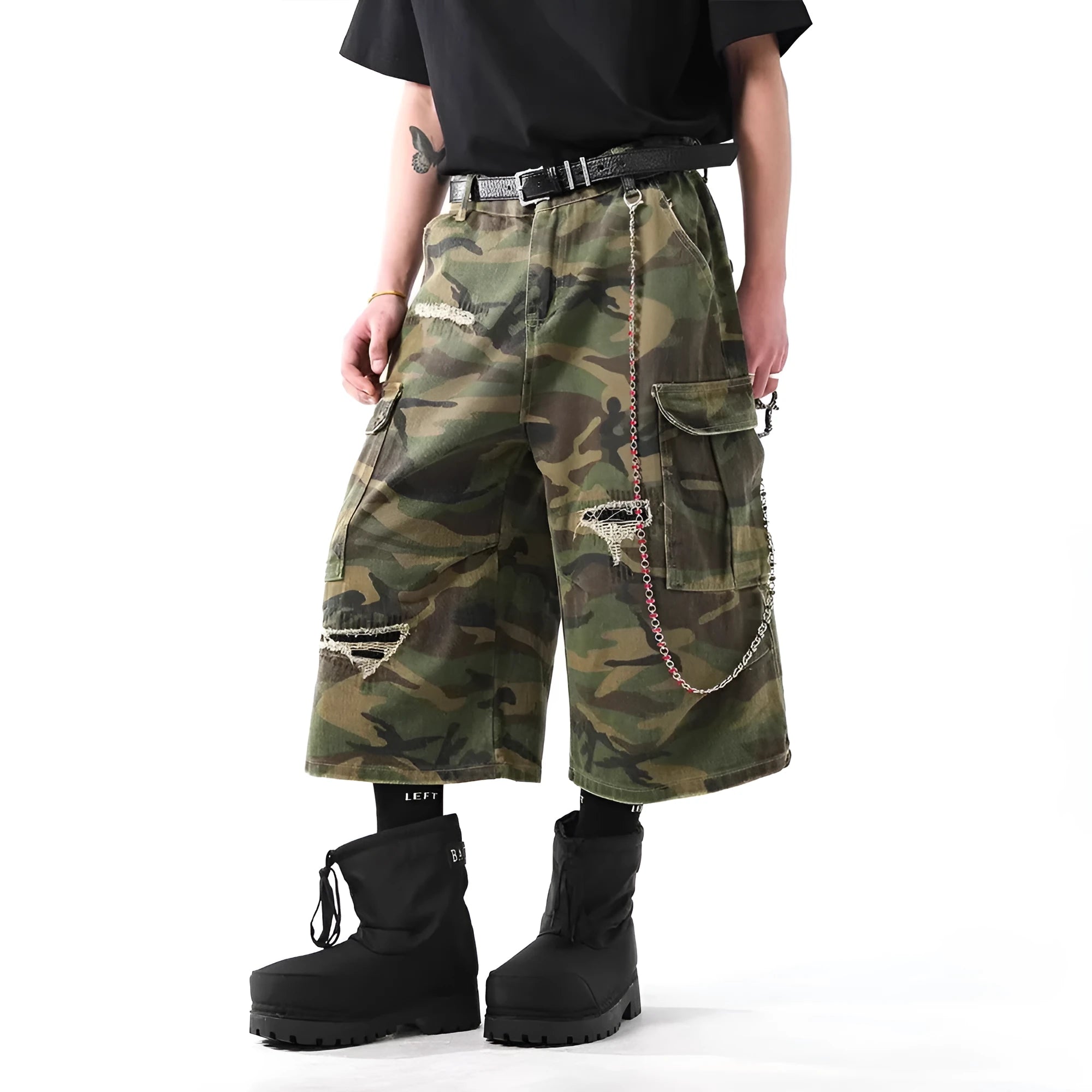 Men's retro camouflage denim cropped trousers with straight leg and mid waist, cotton fabric, multiple sizes