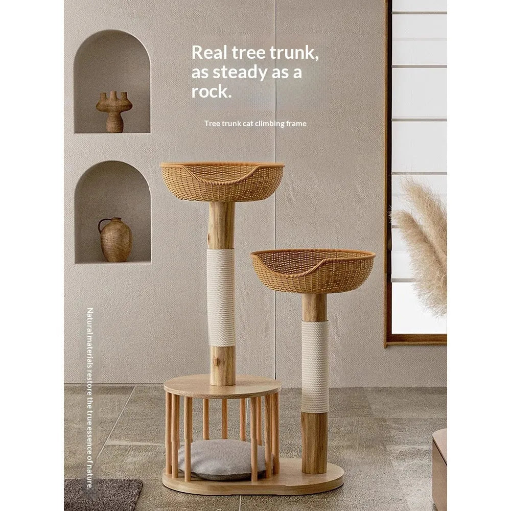 Solid wood cat climbing frame with rubberwood board, straight-grained pine trunk, and curved sisal-covered fruit tree trunk cat bed all-in-one
