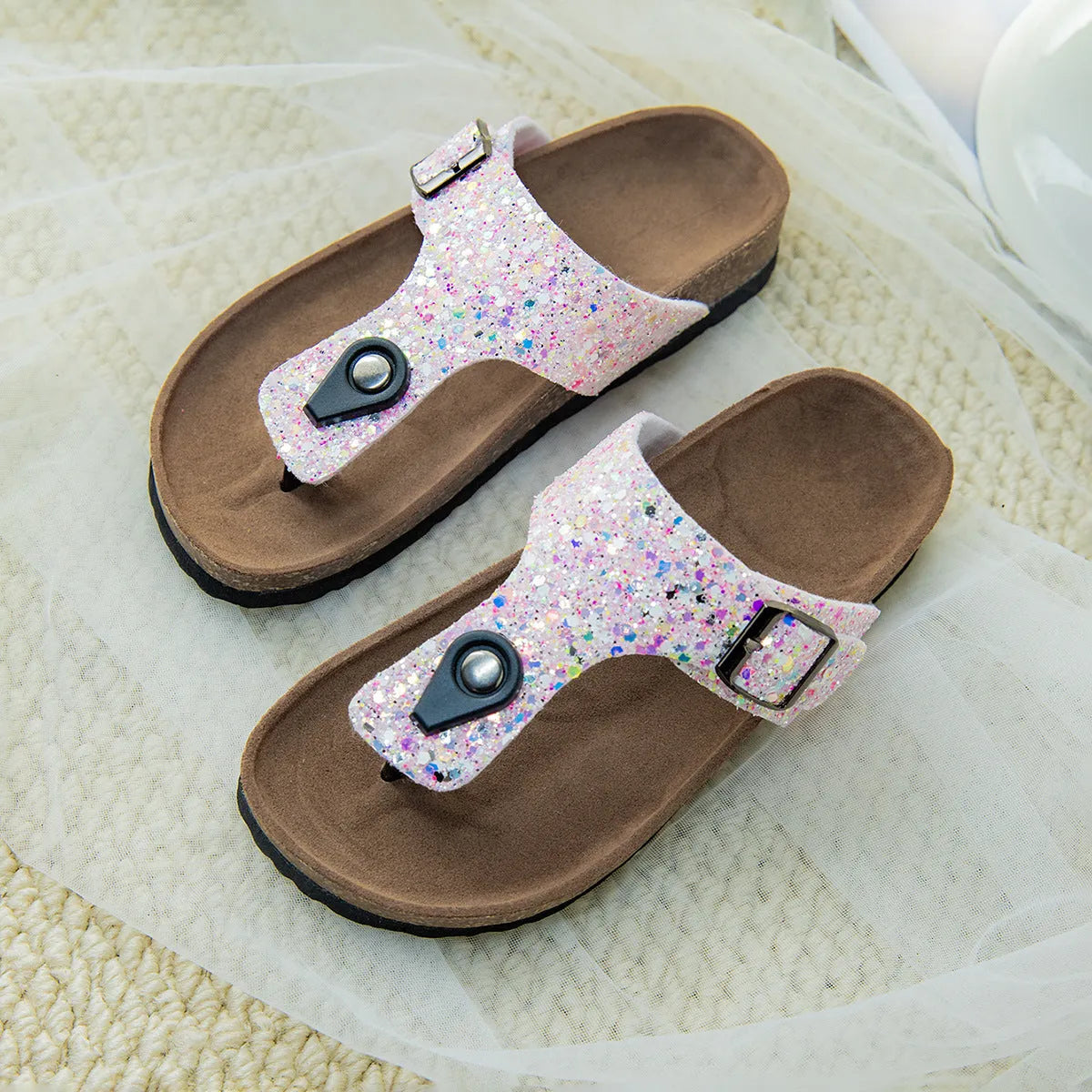 Cork flip-flops with frosted artificial leather upper and PVC sole in pink, silver, or gold colours