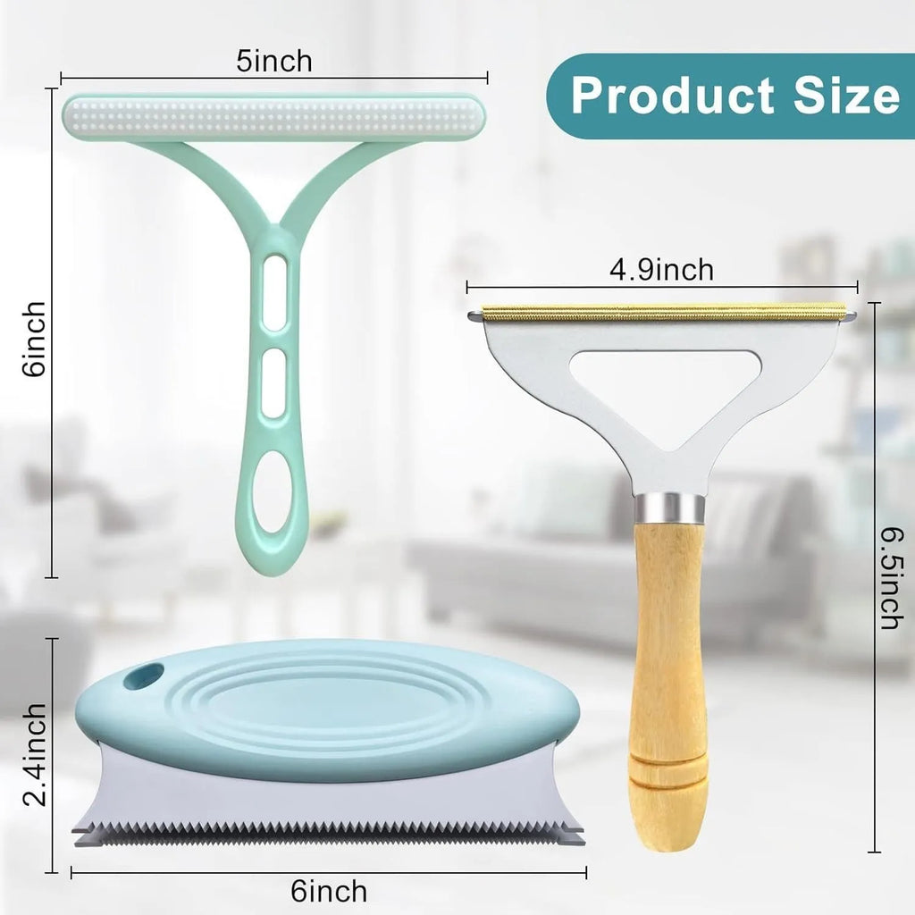 Three-piece pet hair remover set with metal scraper, silicone lint brush and round fuzz remover.
