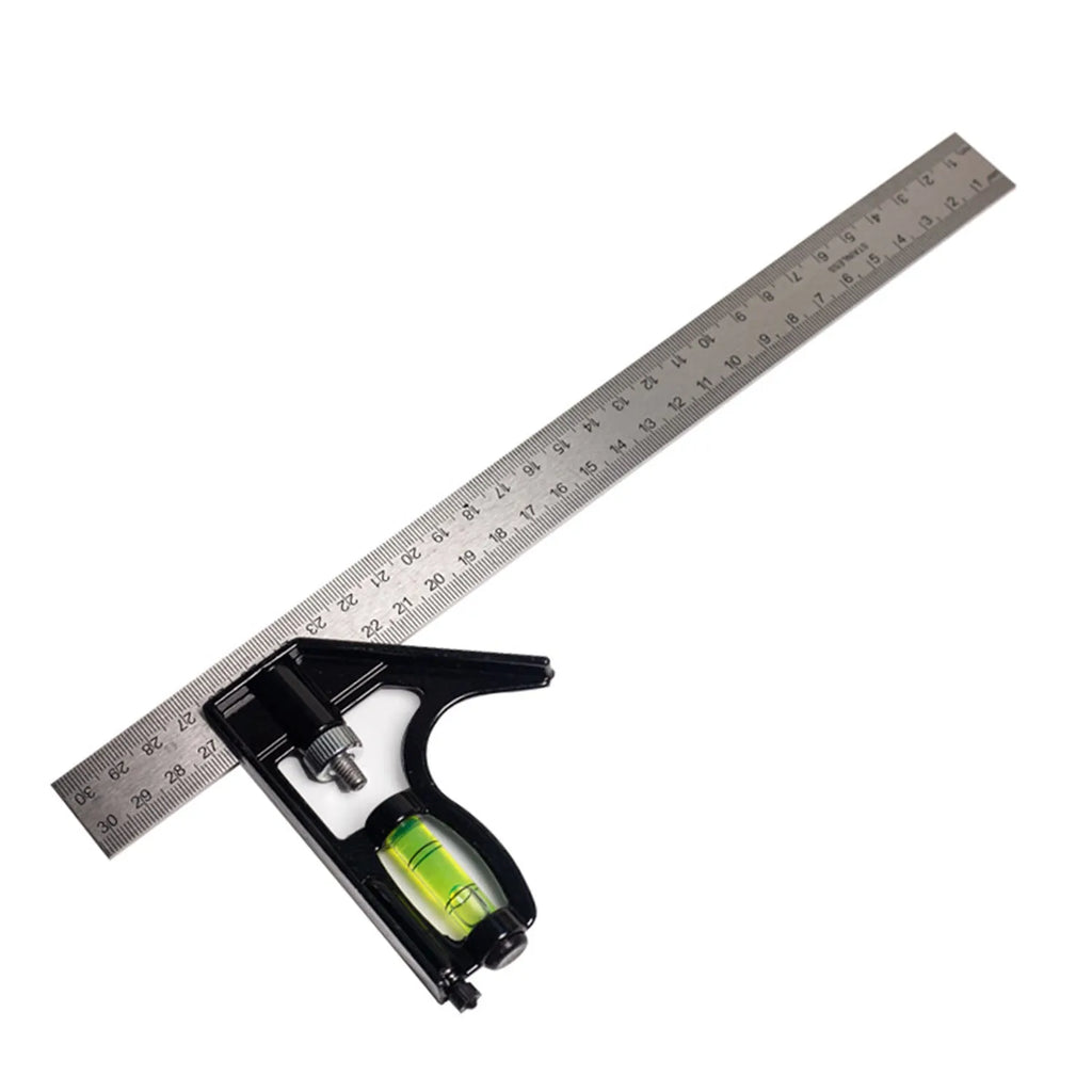 Red 7-inch metal combination angle ruler with metric scale, two tools in a clear bag.