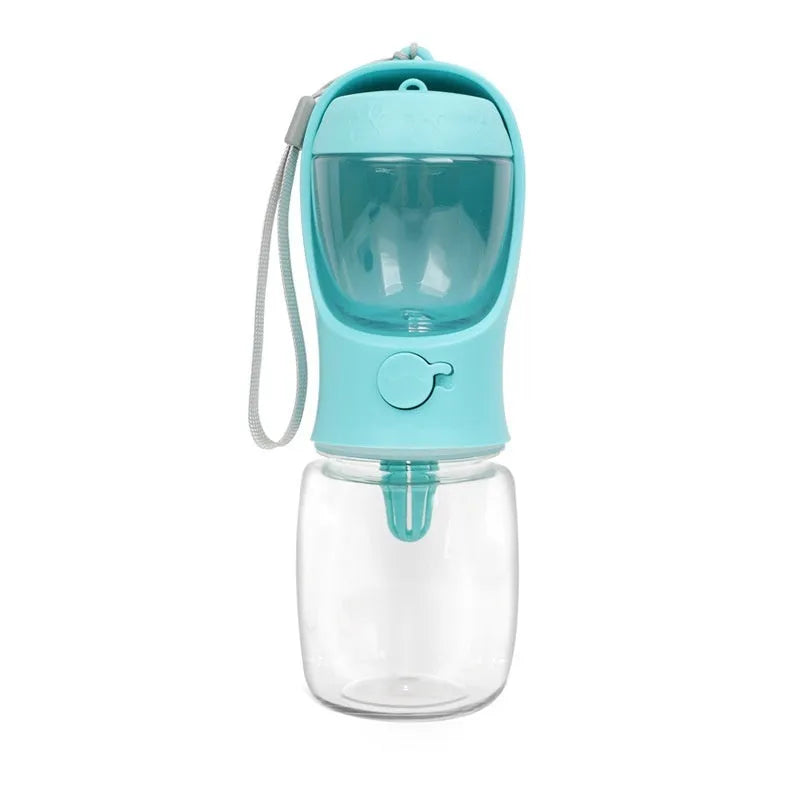 Blue two-in-one dog water cup showing combined drinking bowl and water storage bottle design