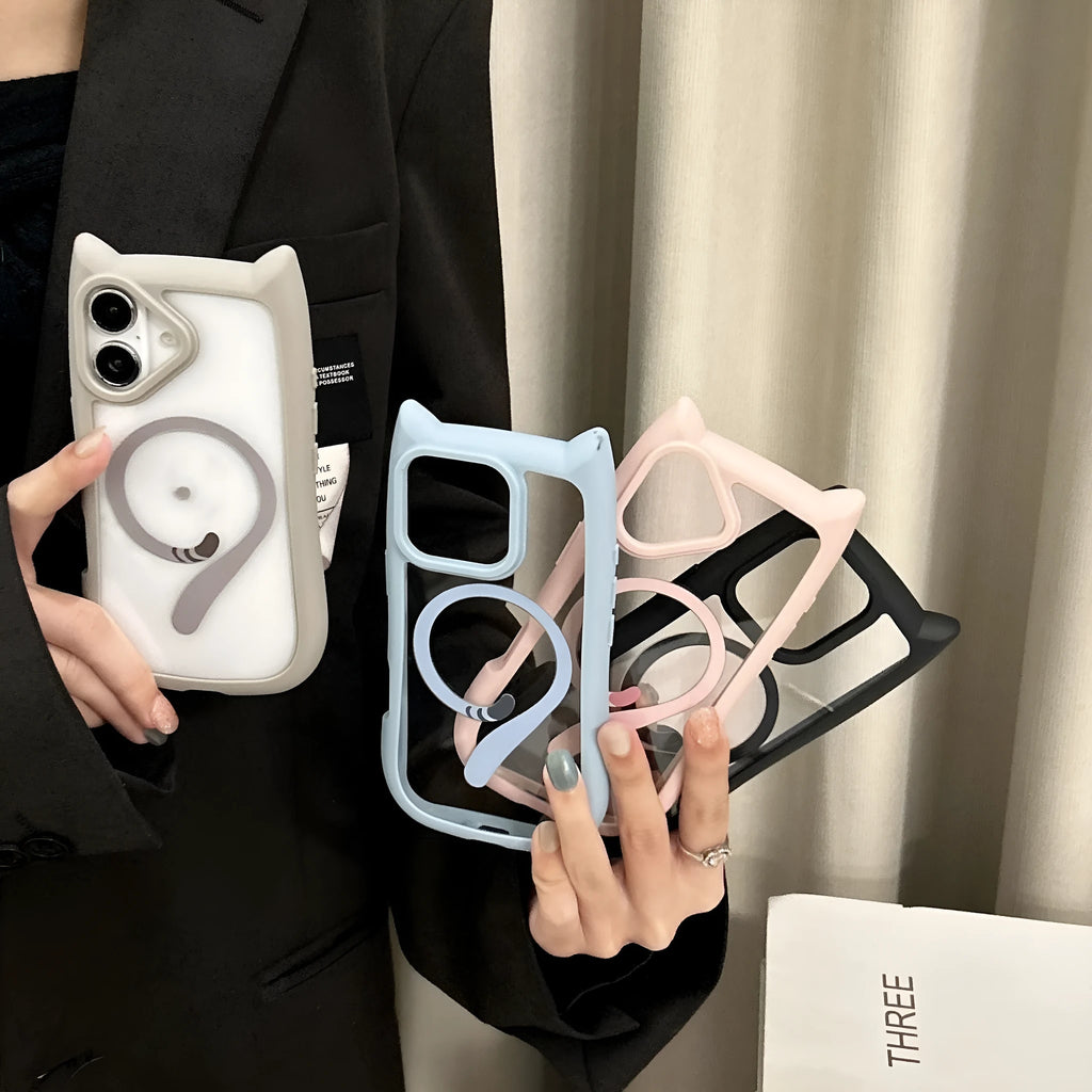 Transparent acrylic and TPU phone case for IPhone 17 with magnetic suction ring on back.