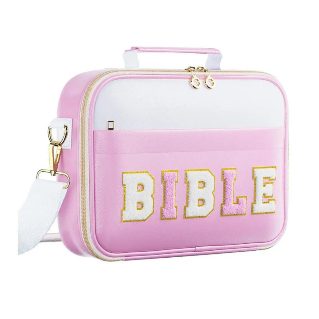 PU letter-pattern book handbag in light blue, 30.5x23 cm, with zippered top, on a white background