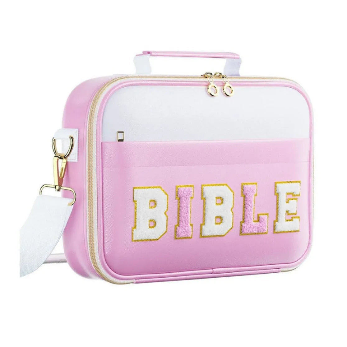 PU letter-pattern book handbag in light blue, 30.5x23 cm, with zippered top, on a white background