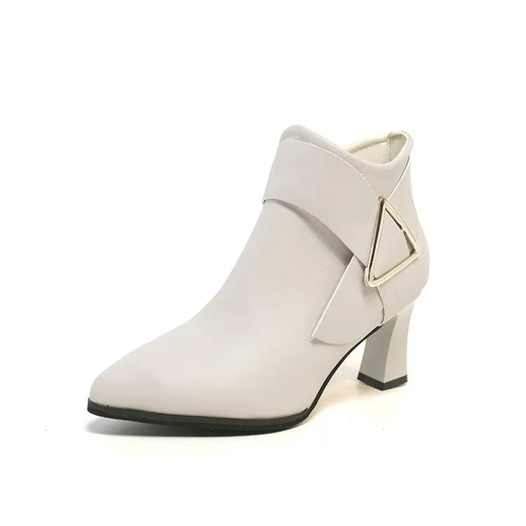 Women's Martin boots in beige with chunky 8cm heel and side belt buckle detail, faux leather upper