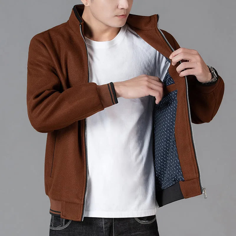 Men's grey autumn woolen fleece jacket in sports style with long sleeves and stick pocket