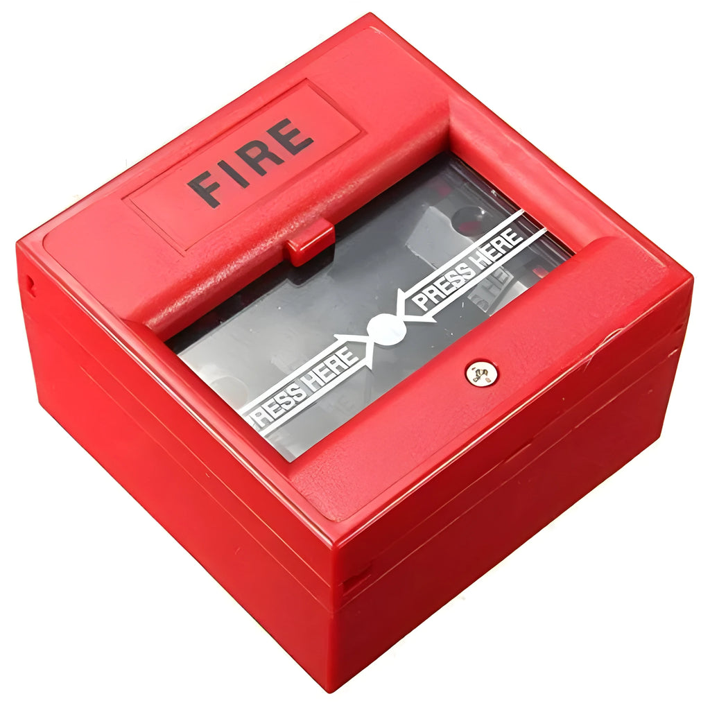 Red wired break glass emergency fire alarm button on white background