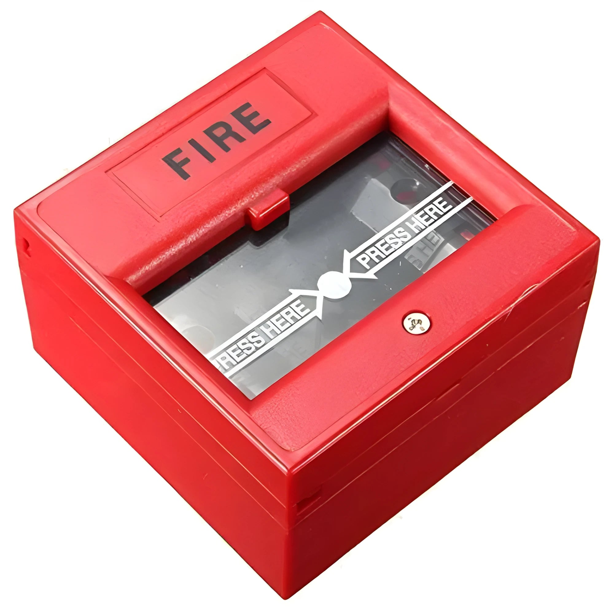 Red wired break glass emergency fire alarm button on white background