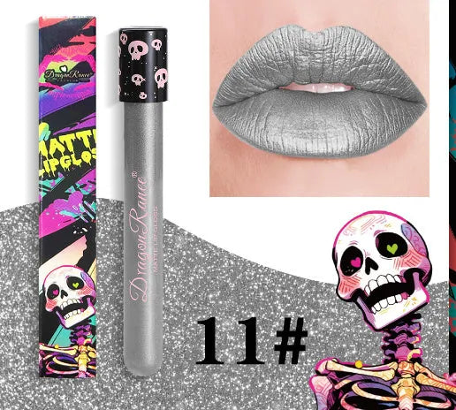 Halloween creative makeup lip gloss in skull-shaped test tube with retro matte gold and silver shades.