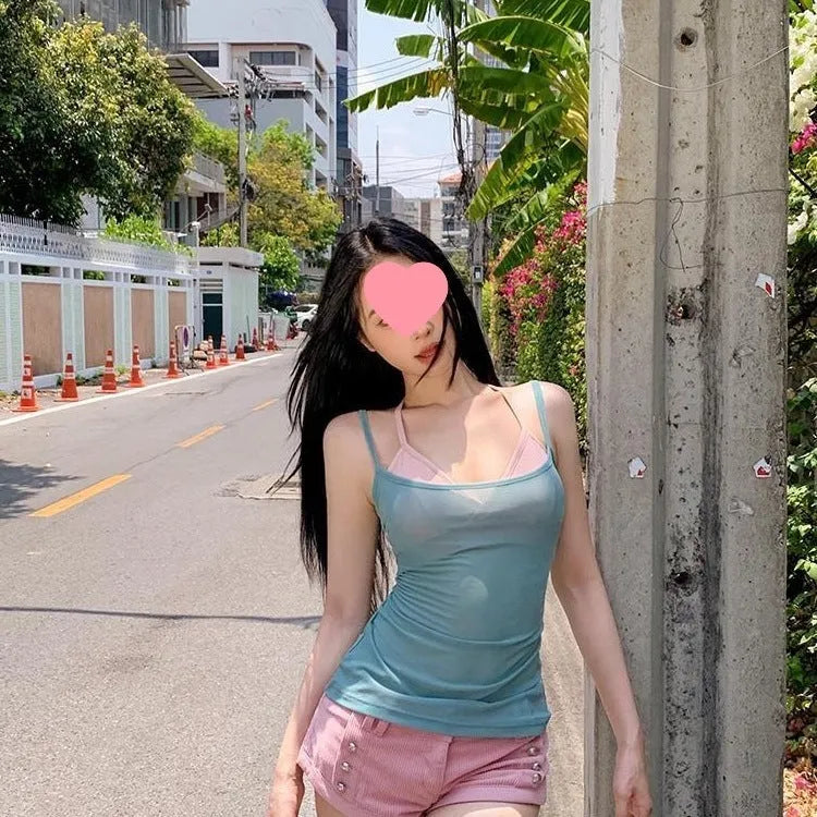 Short see-through sleeveless polyester top outerwear in black bikini colour with open-back design