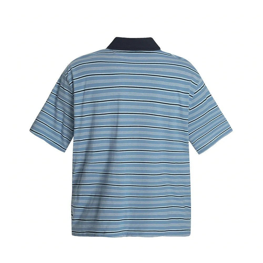 Blue and white vintage stripe pattern on a loose-fit men's short-sleeved cotton polo shirt.