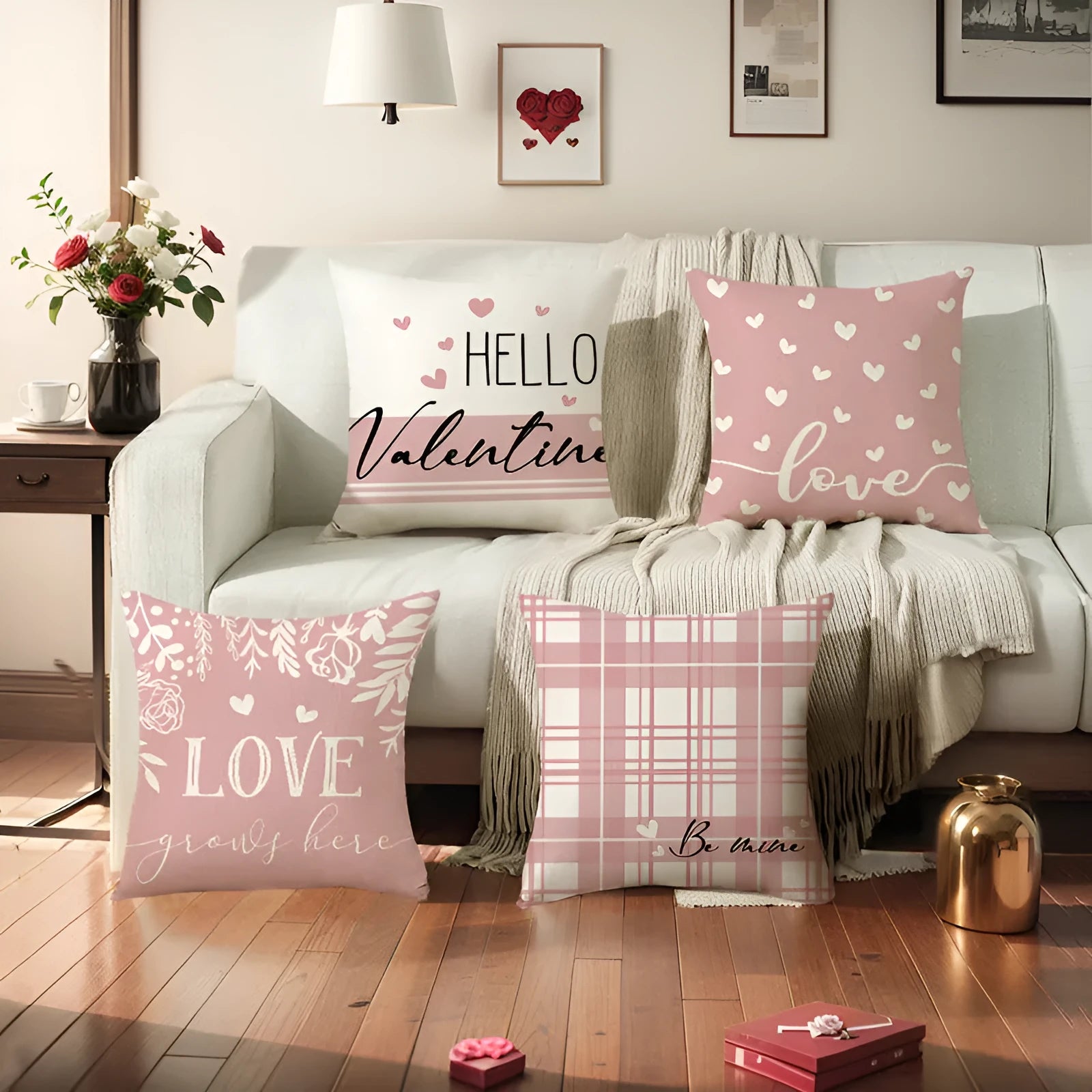 Square plaid heart print Valentine's Day decorative pillow cover measuring 45x45cm.