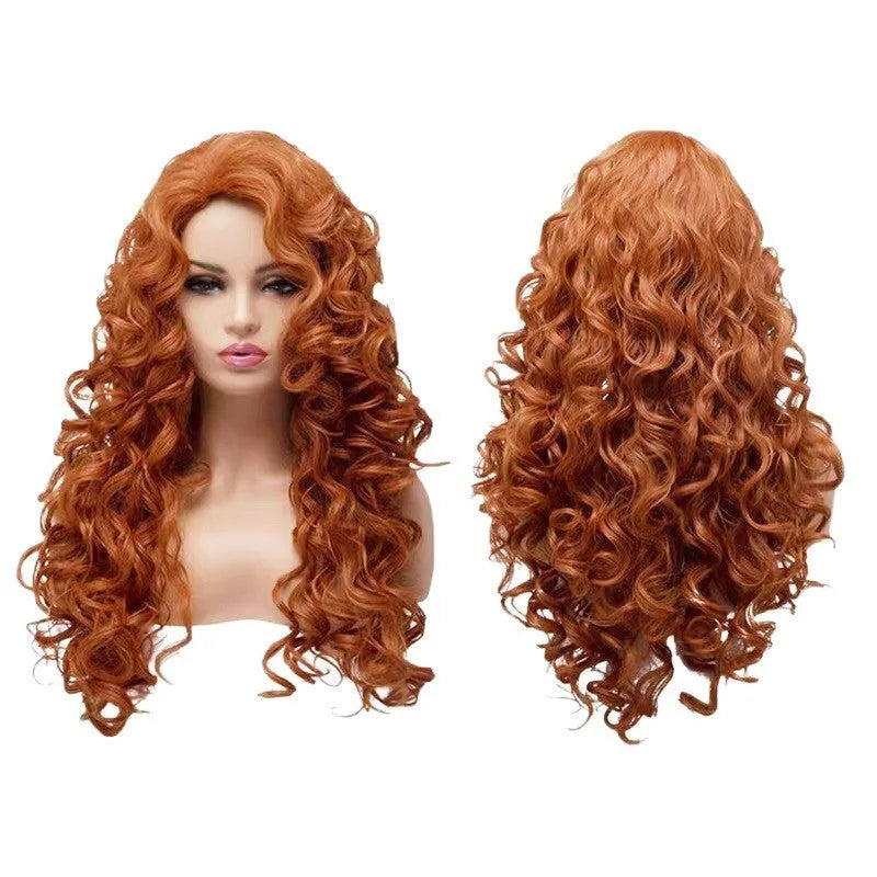 Brown long wavy curly costume wig on display head for Halloween and cosplay