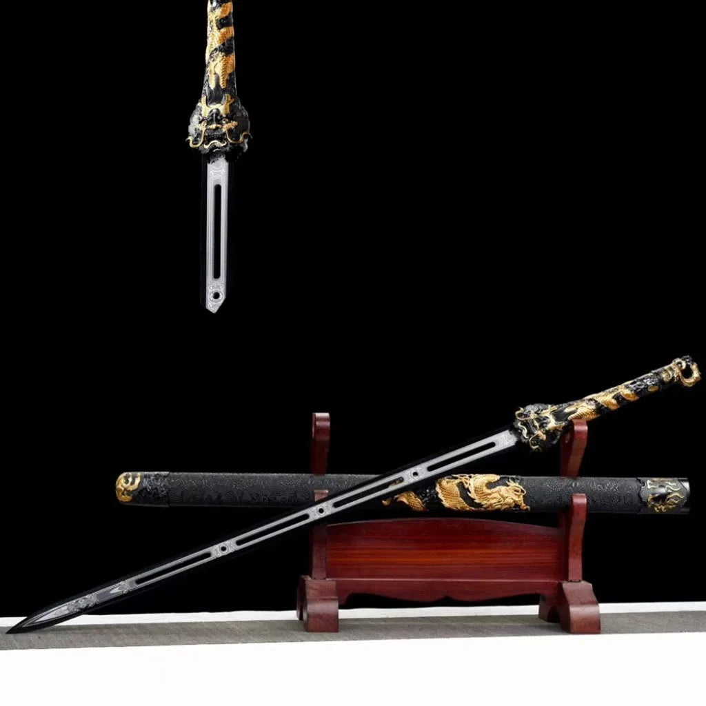 Handmade high manganese steel unsharpened Tang Heng Dao sword with satin-covered scabbard, 104cm