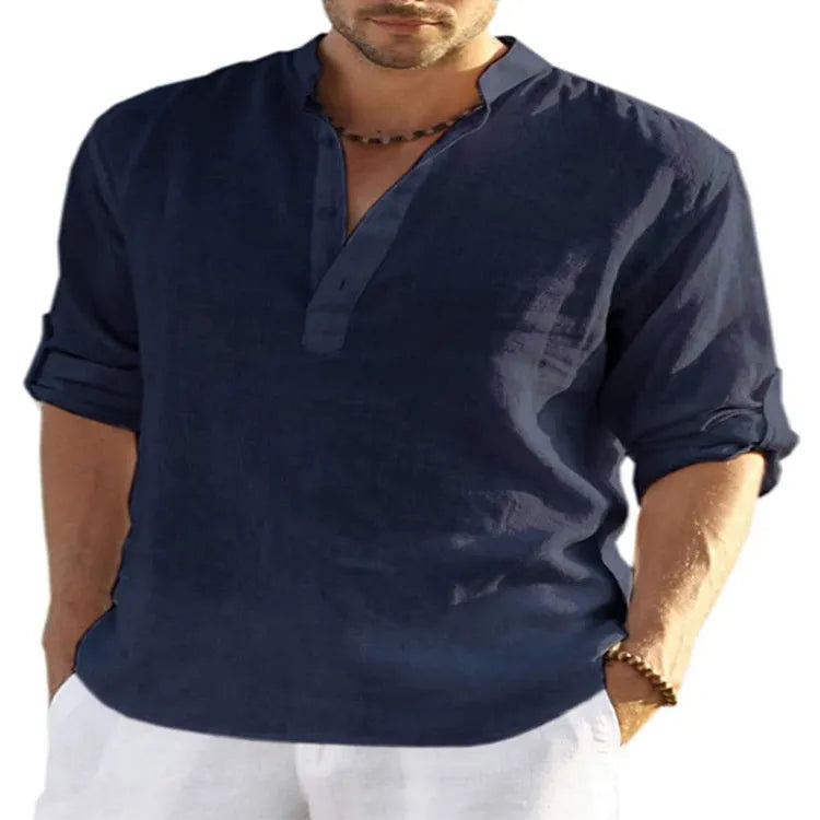 Men's cotton linen long sleeve shirt with stand collar in solid colour options