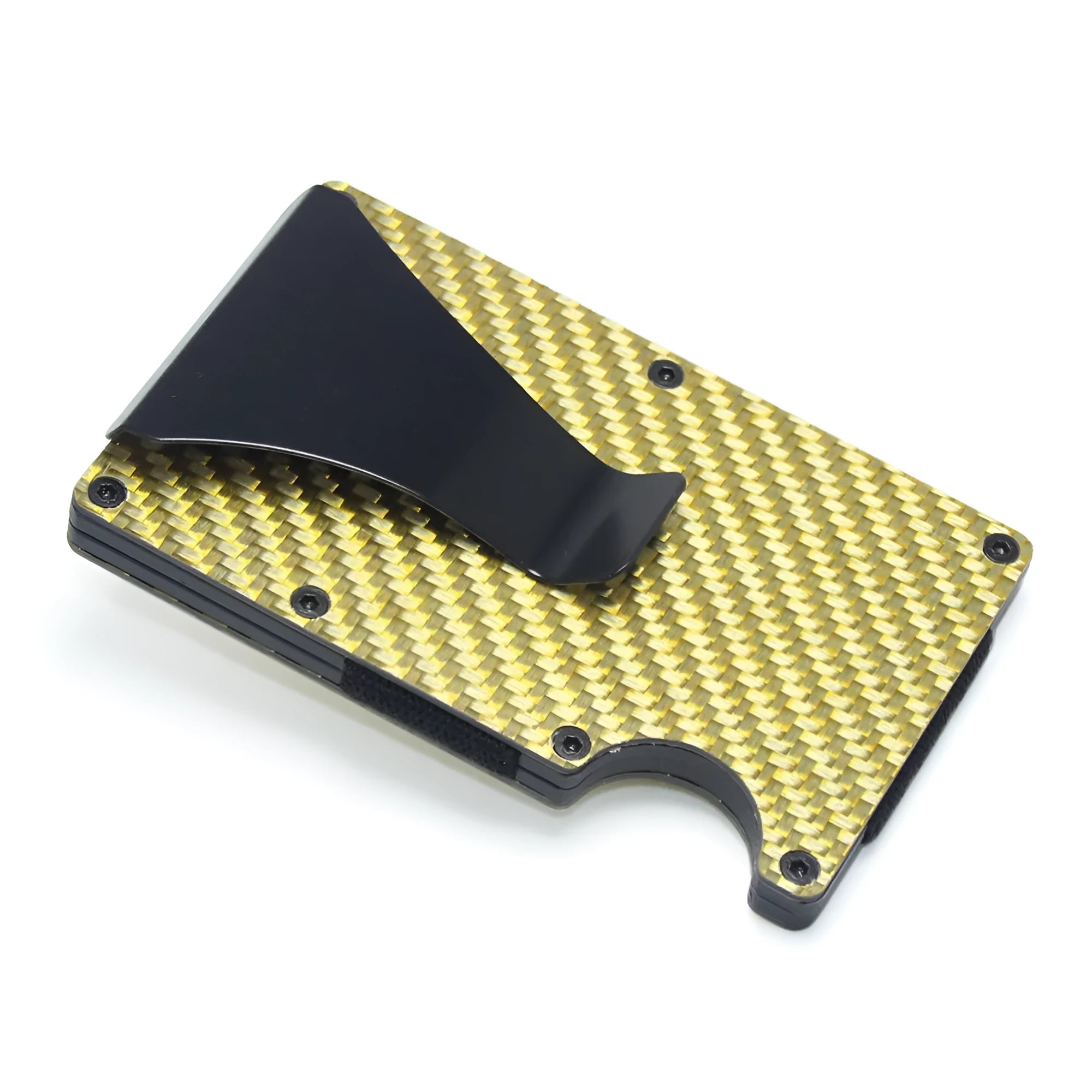 Geometric carbon fibre and aluminium slim card holder wallet in multiple colour options on a table.