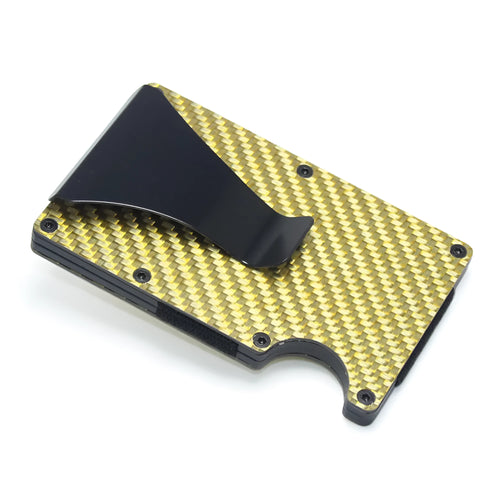 Geometric carbon fibre and aluminium slim card holder wallet in multiple colour options on a table.