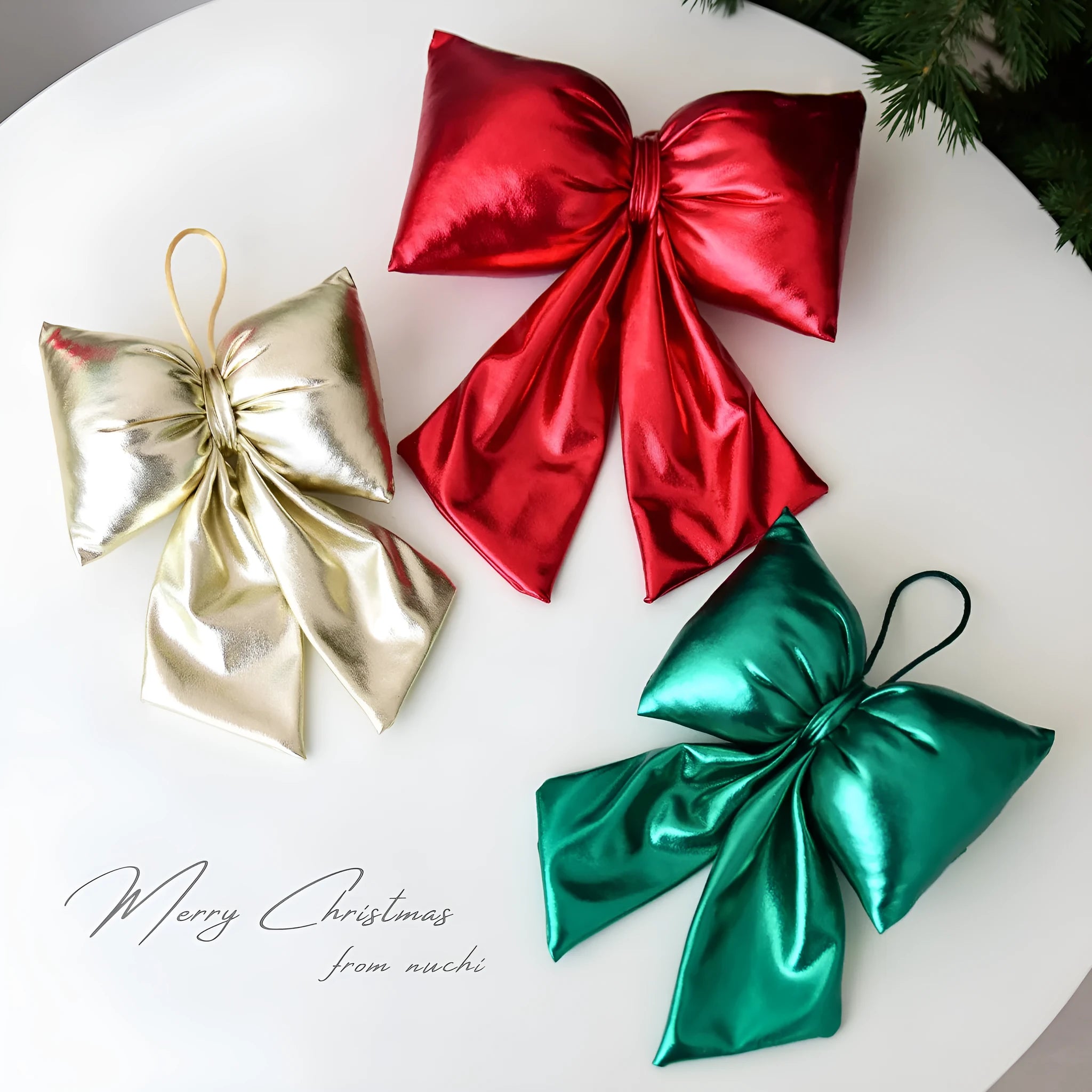 Christmas decorative bowknot in bright leather finish, red, 30cm size, hanging ornament