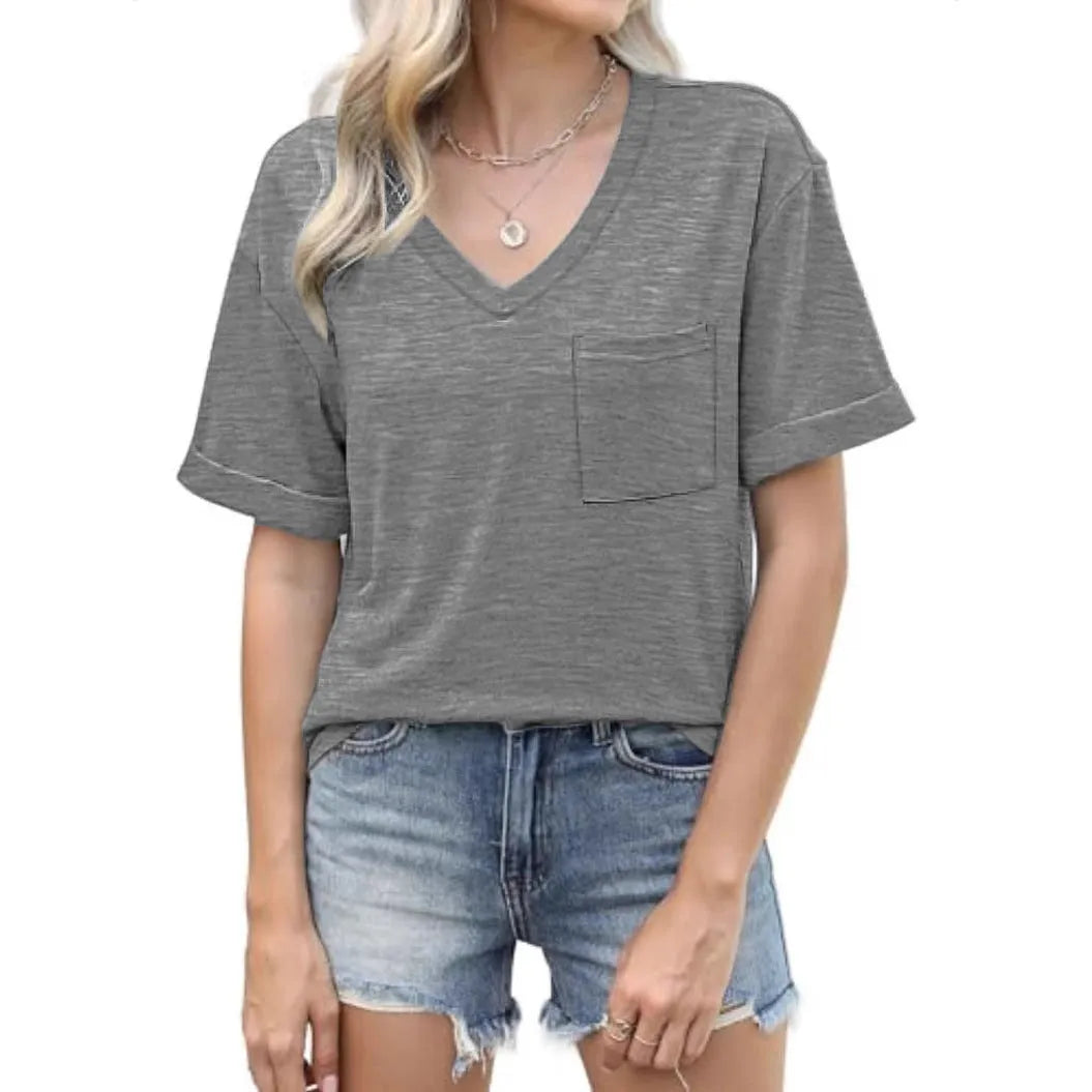 Grey loose V-neck T-shirt with front pocket, short sleeves, casual styling