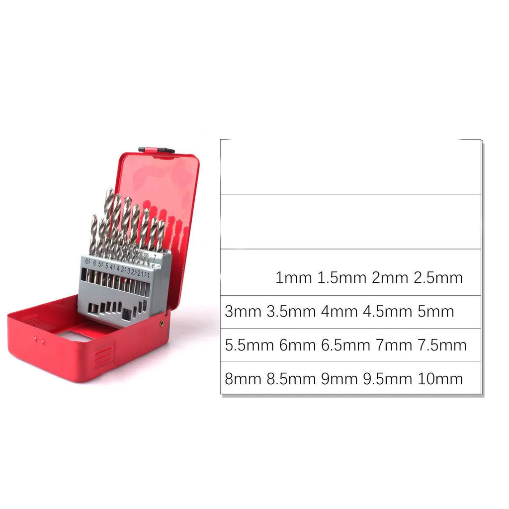 19-piece set of titanium-coated twist drill bits in an iron storage box