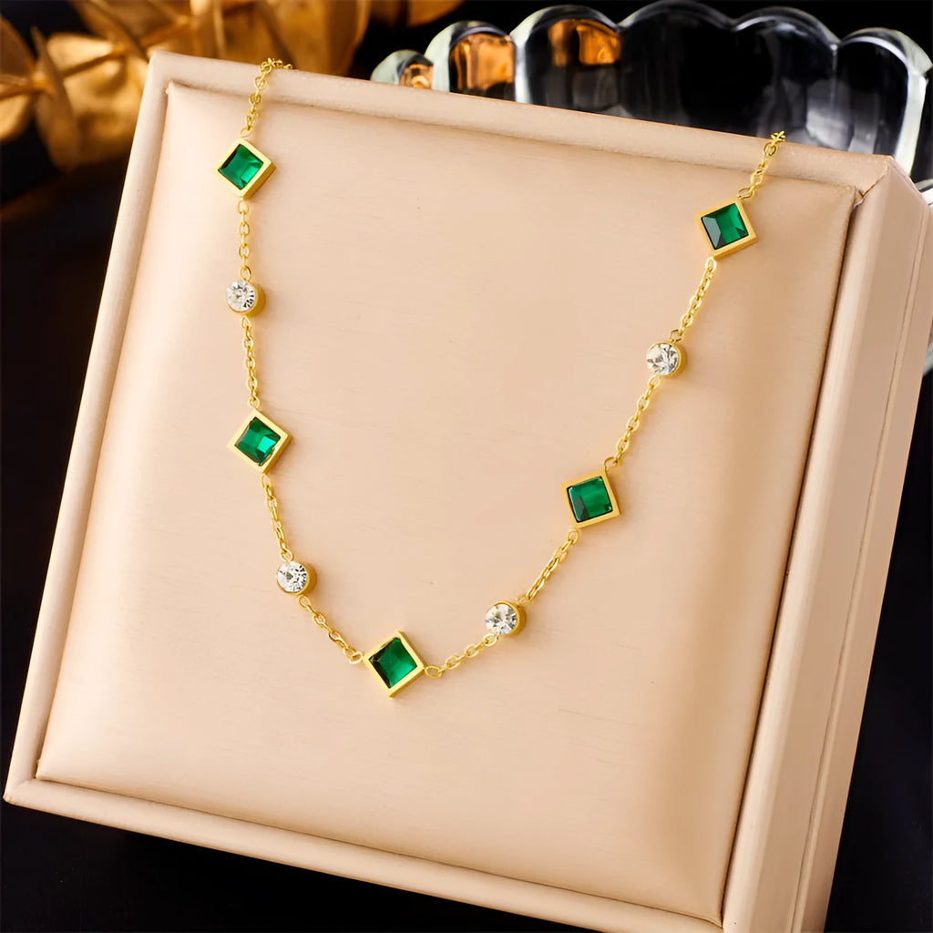 Gold titanium steel U-shaped square pendant necklace with emerald zircon on adjustable cross chain