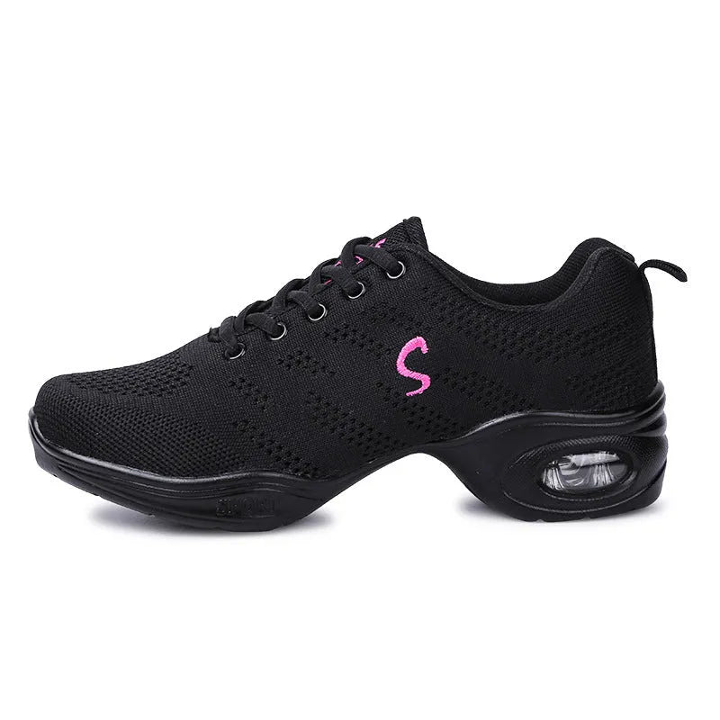 Women's white breathable fly woven mesh dance shoes with a soft PU sole on a light background.