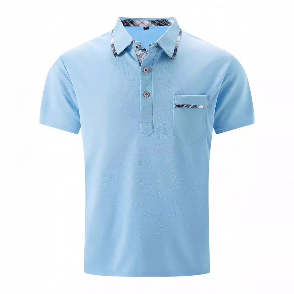 European and American lapel polo shirt with bird eye cloth fabric, asymmetric dot pattern, short sleeves, available in black