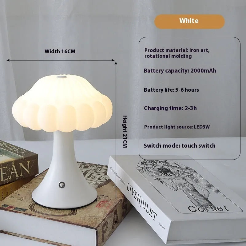 Small mushroom-shaped touch night lamp in wood grain finish on a wooden table.