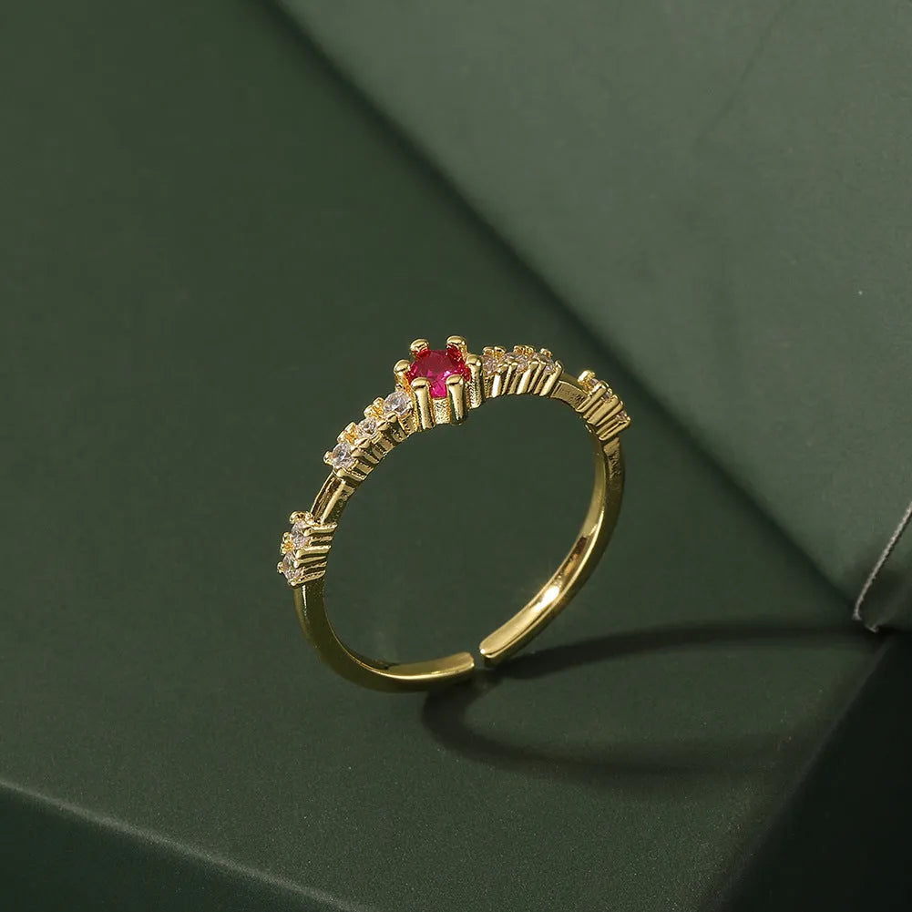 Women's copper micro-inlaid petal ring with adjustable opening in rose pink and green colours