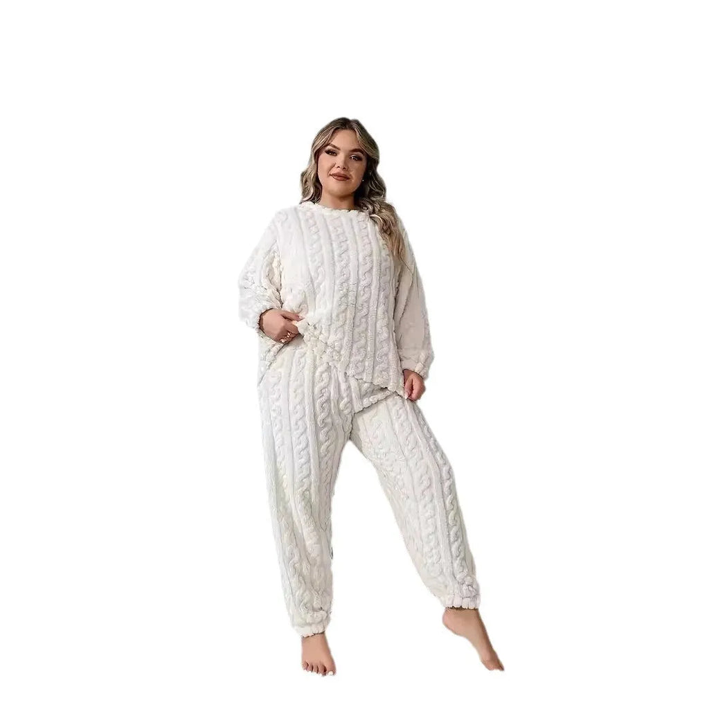 Women's milky white polyester lounge set with matching crew neck top and trousers
