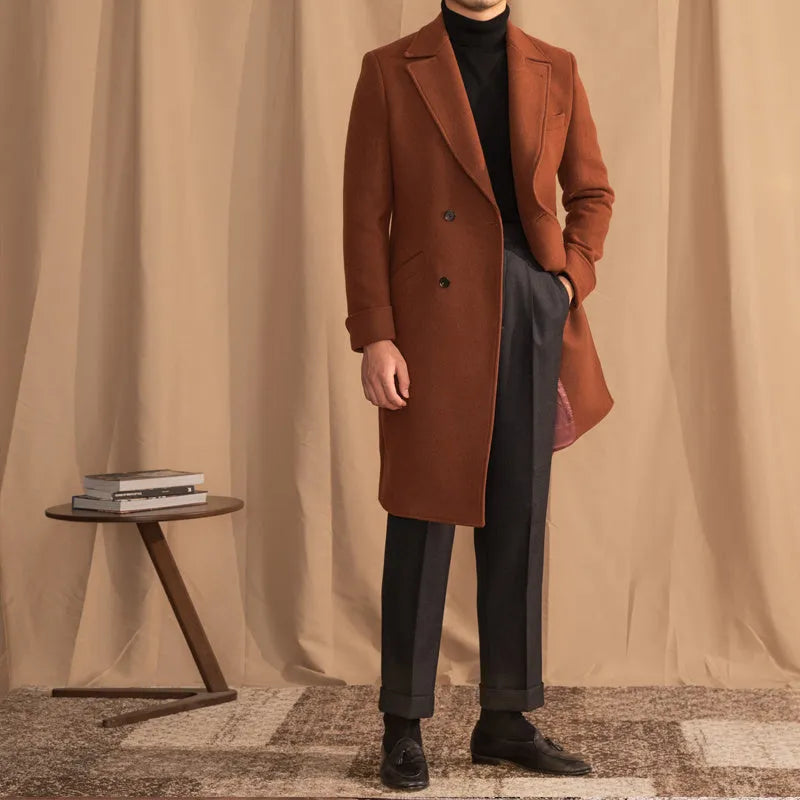 Double-breasted mid-length wool overcoat in caramel with suit collar, available in sizes M to 3XL