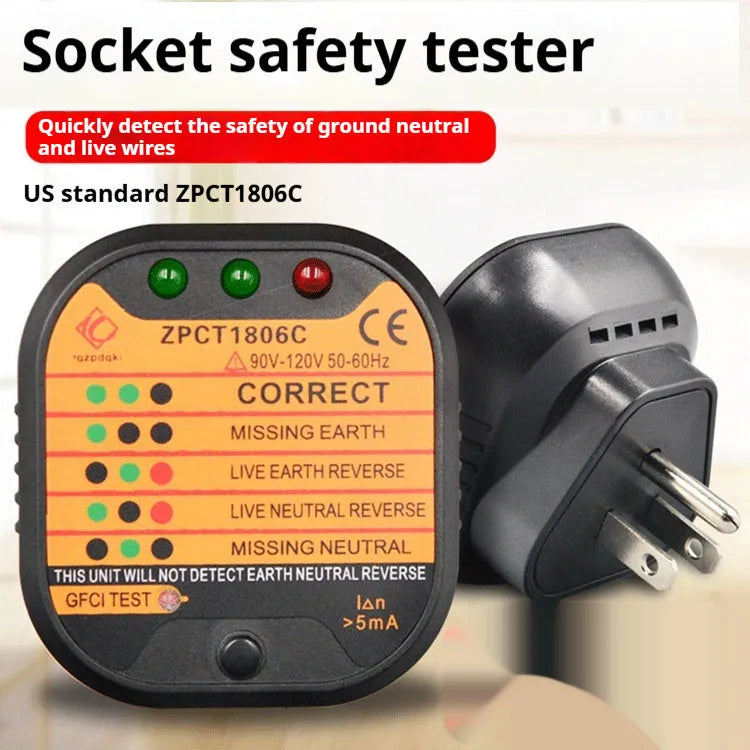 Black socket tester with LED indicators for UK EU US electrical outlet wiring fault detection
