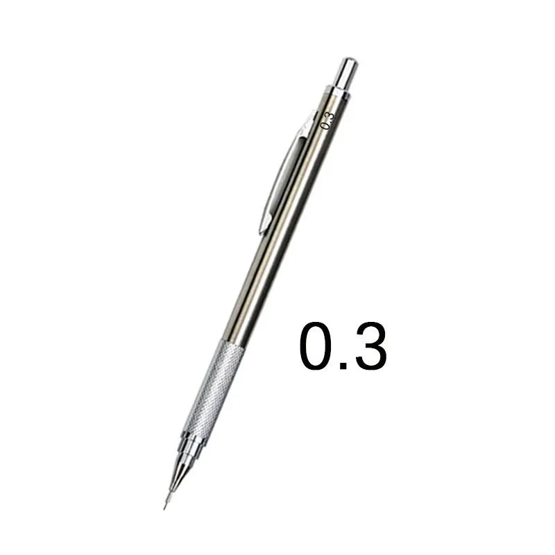 A metal mechanical pencil for drafting and writing with multiple lead size options.