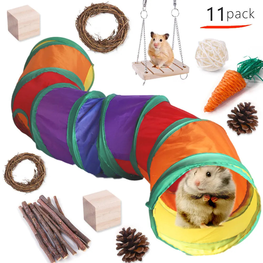 Assortment of natural wooden and woven chew toys for small pets like rabbits and parrots.