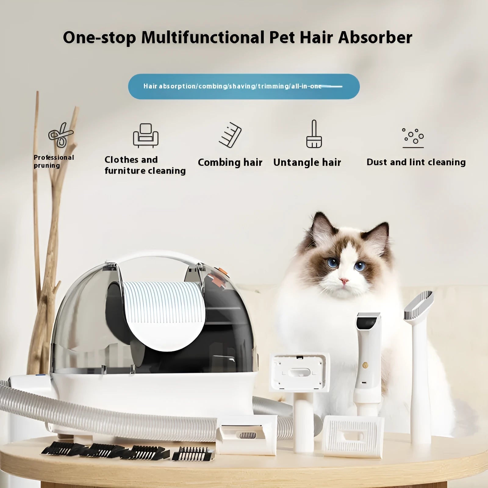Pink white pet hair conditioner vacuum cleaner with grooming attachments on white background