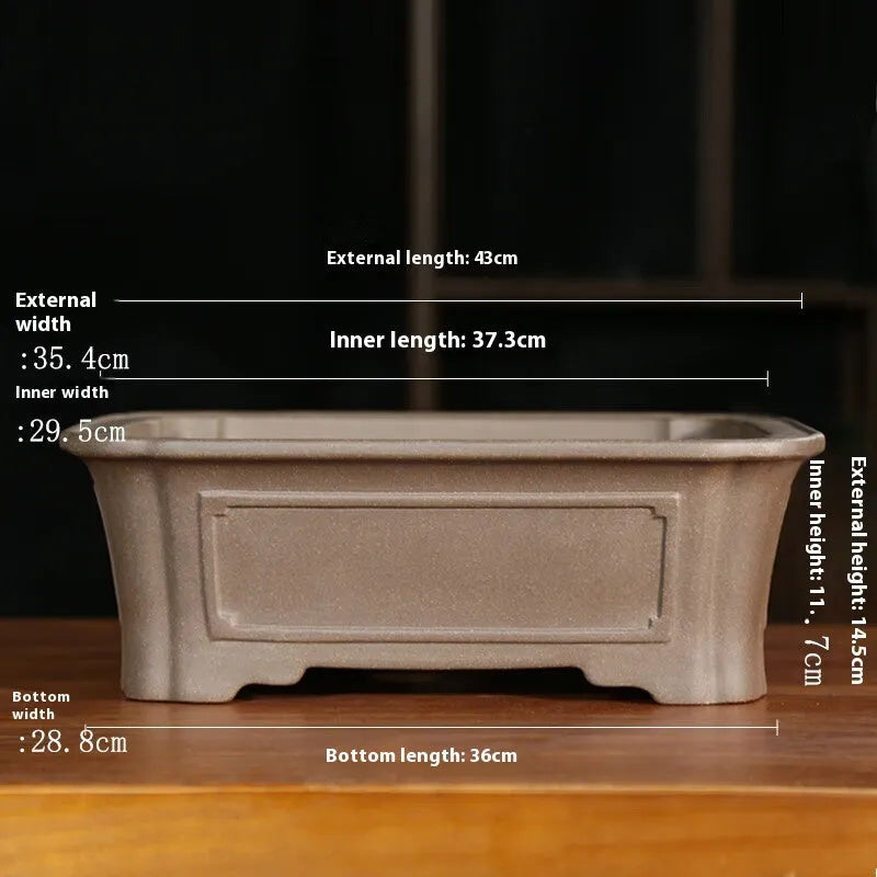 Purple sand rectangular bonsai pot with antique styling and corner-cut design