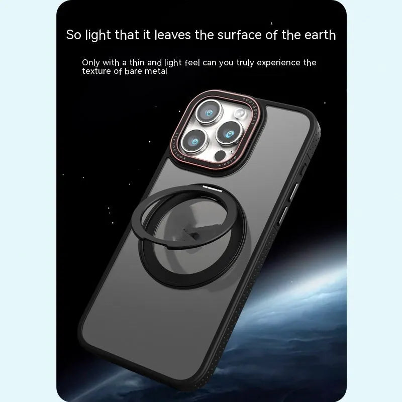 Rotary magnetic adhesive invisible bracket silicone phone case for iPhone showing bracket extended in black colour