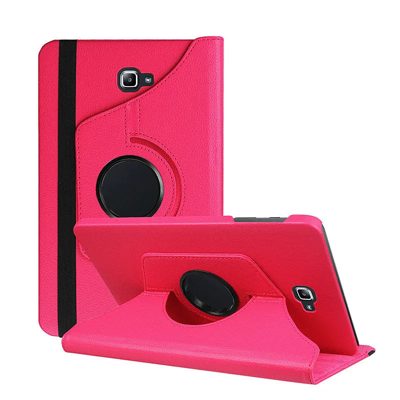 Rotating leather case for T-series tablet showing multiple viewing angles and colour options