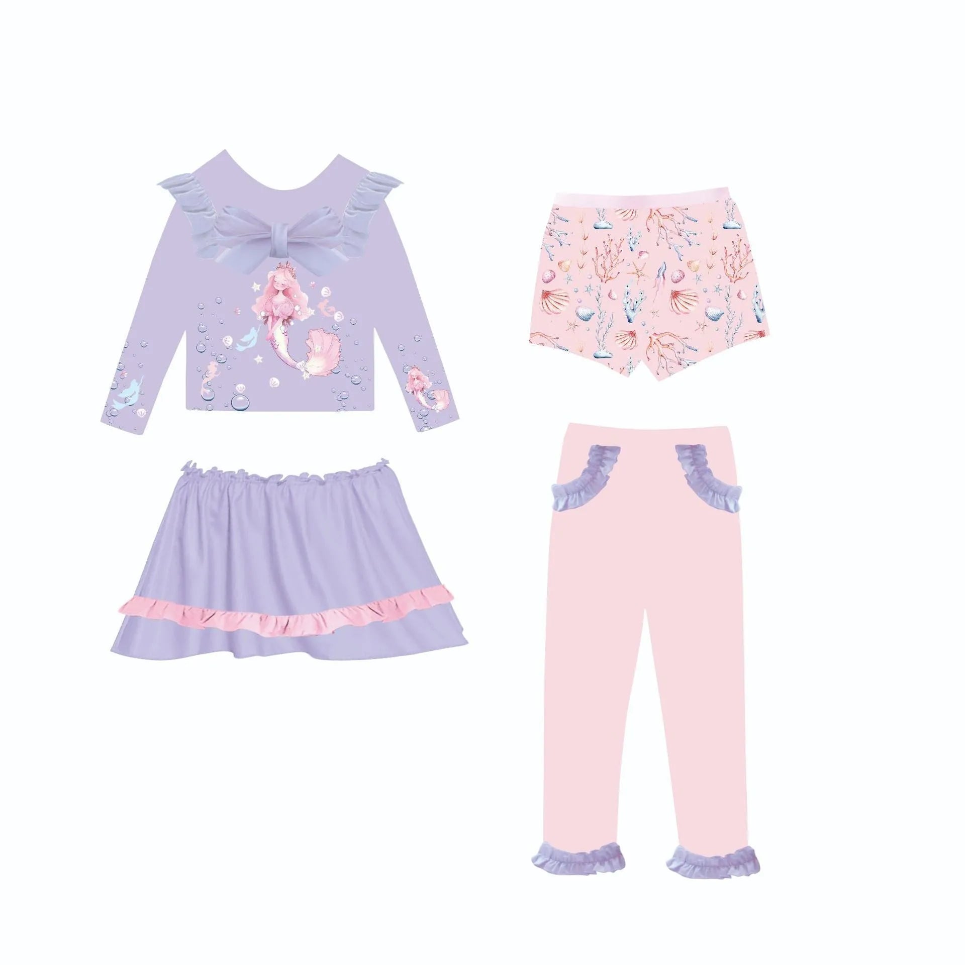 Girl's gilded colour print mermaid swimsuit set with top, skirt, trousers, and shorts