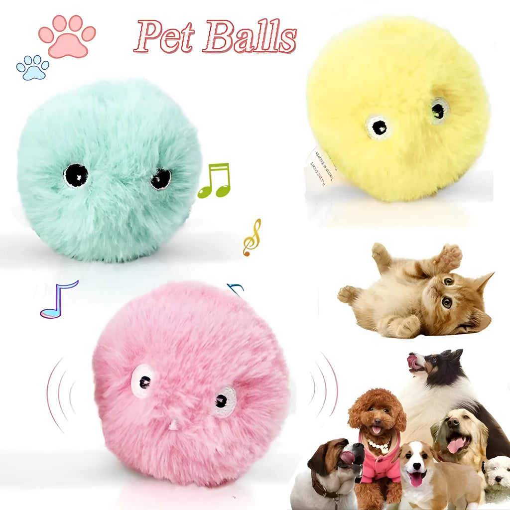 Blue, pink, and yellow interactive cat toy balls with 55mm diameter and gravity sensor trigger.