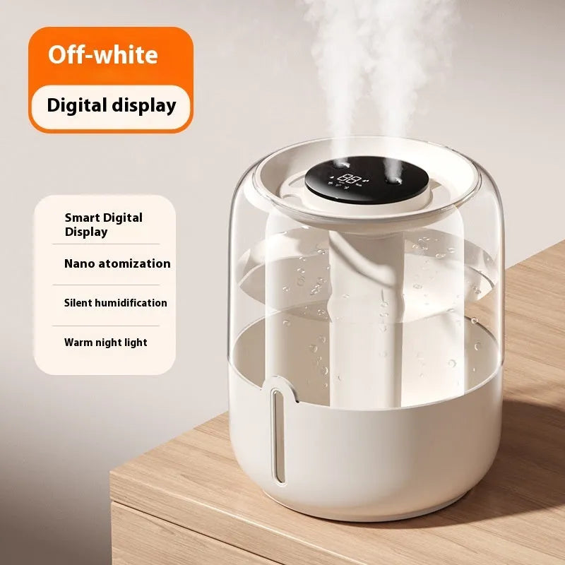 Beige plastic USB humidifier with display, dual mist nozzles, and large 3.2L water tank.